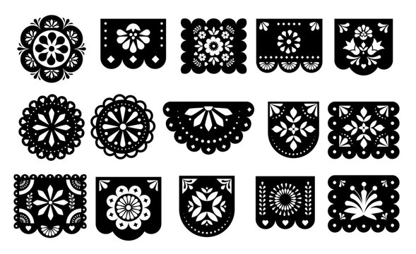 Collection of traditional Mexican papel picado flags. Black decorative vector elements set for fiestas, Day of the Dead, Cinco de Mayo and Hispanic Heritage Month