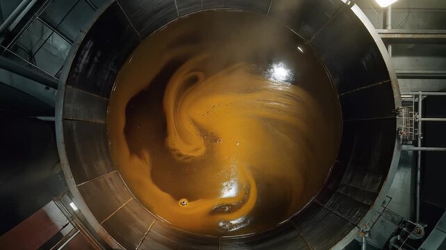 Industrial liquid swirling in large metal tank, dynamic motion of thick amber fluid, industrial facility setting, symbolizing manufacturing process and industrial production