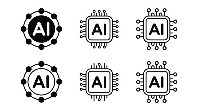 Artificial intelligence AI processor chip icons featuring black line CPU circuits, neural network technology, processor symbols, and vector logo designs