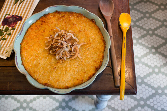 Traditional Brazilian cocada cremosa baked coconut dessert.