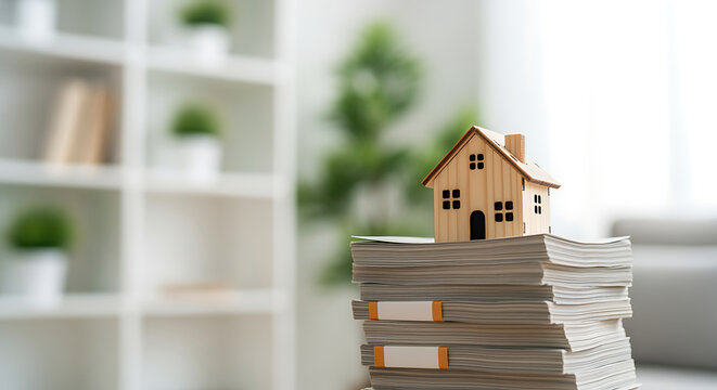 Real Estate House Model on Stacked Paperwork for Home Investment