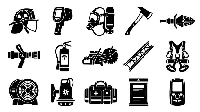 Firefighting and Emergency Rescue Tools  Equipment Black and White Glyph Icons