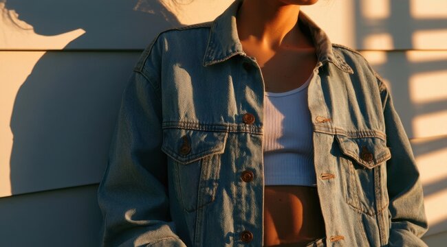 Person wearing blue denim jacket with stitching and pockets