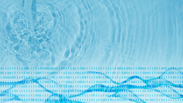 binary code and algorithm graph curves isolated on flowing water background with water jet, concept with copy space for tokenization and digital data of water resources, allocation and consumption