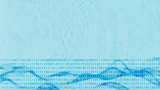binary code and algorithm curves animation isolated on flowing water background, motion graphics overlay concept for digitization of water industry