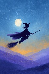 Fototapeta premium Magic flight: silhouette of a broom-riding witch under stars