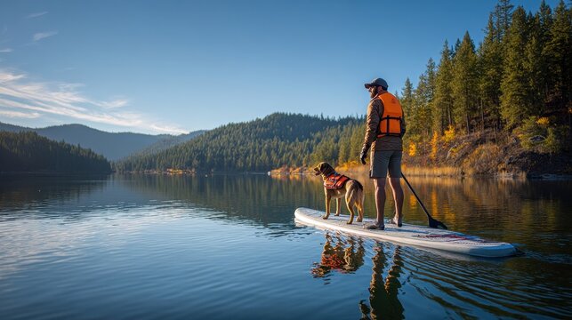 Man and mixed-breed dog stand on a stand-up paddleboard on a calm lake under a clear blue sky