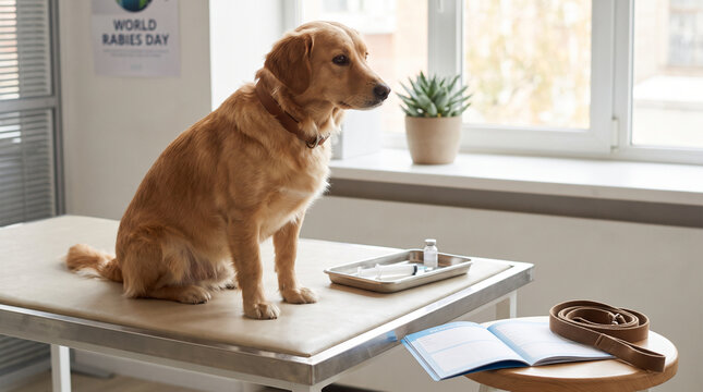 Golden Retriever Dog on Veterinary Clinic Table with Vaccine Syringe and Health Record, World Rabies Day Concept