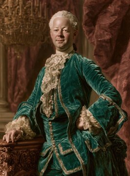 Man in teal velvet historical costume with lace cravat standing confidently indoors
