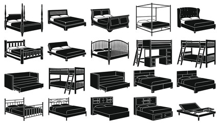 Furniture Beds Black  White Silhouette Icons Collection. Glyphs of Various Bed Frames, Sleeping Furniture, and Room Decor. © yachyah