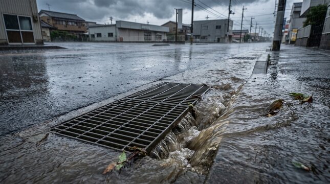 豪雨で排水口へ勢いよく流れ込む雨水 都市の排水インフライメージ