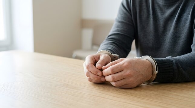 Man's hands in handcuffs on a dark wooden background, representing crime, arrest, and justice