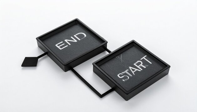 Gold buttons labeled ETND and END side by side, arrow pointing downward to START, symbolizing paradox of beginning and ending&hellip;
