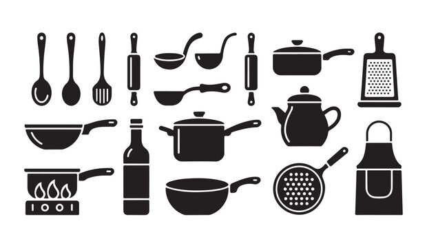 Set of various kitchen utensils and cooking equipment icons including pots pans ladles graters and rolling pins.