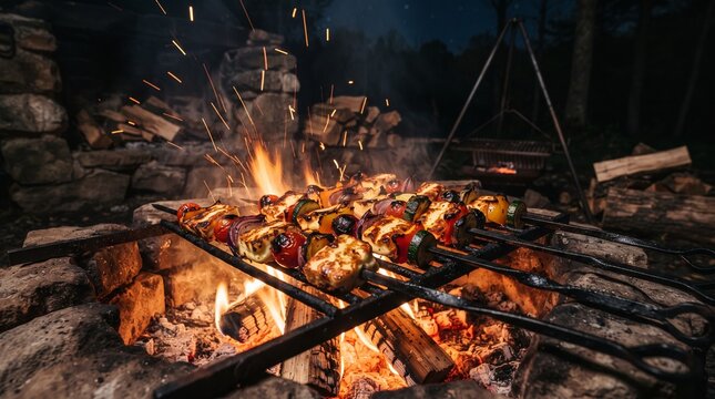 Rustic campfire grilling with vegetable skewers, outdoor cooking over open wood fire, traditional stone fire pit with glowing embers and sparks