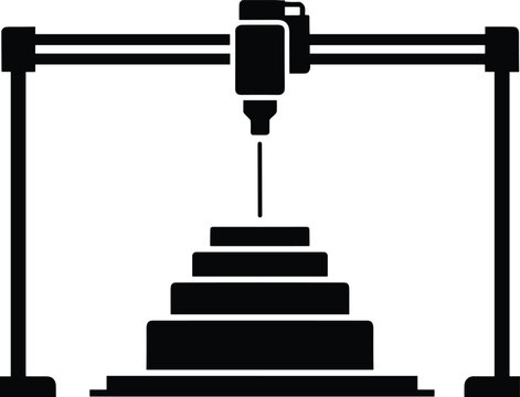 3D printer silhouette illustration, additive manufacturing vector art, technology innovation design, layered object creation