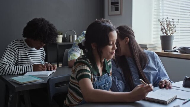 Multiethnic teenagers sitting at desks in classroom, writing in notebooks and whispering to each other. Footage for high school promotions, tutoring services, and educational apps
