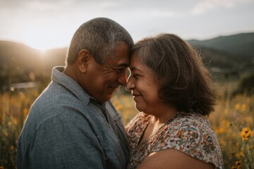 Fototapeta premium Warm countryside embrace: middle-aged hispanic couple sharing a tender hug in a sunlit meadow