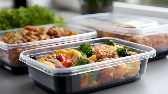 Prepared meals in clear plastic containers with mixed vegetables and meat  arranged neatly on a gray surface