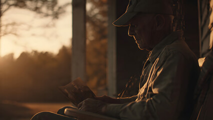 Fototapeta premium Elderly Man Reflecting on Old Photograph at Golden Hour