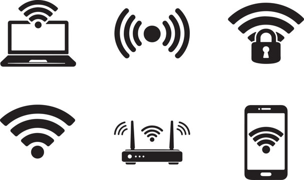 Wireless and wifi icon silhouette vector set, modern network symbol design.