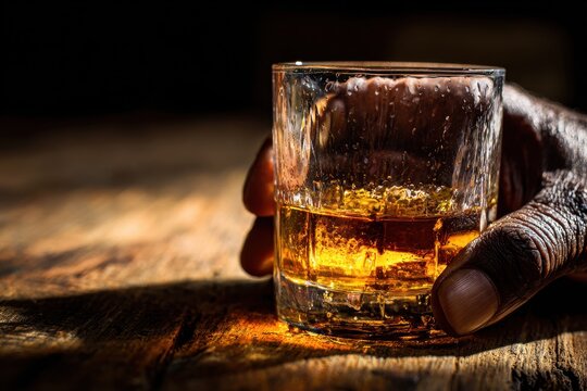 Warm-toned portrait-style photo of a hand and whiskey glass with golden reflections