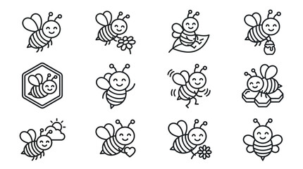 Simple honey bee line art character icons. © Habl