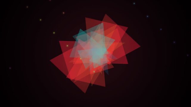 Abstract motion graphics featuring rotating translucent yellow and green triangles glowing against a black background with bokeh dots, ideal for VJ loops and tech backdrops.
