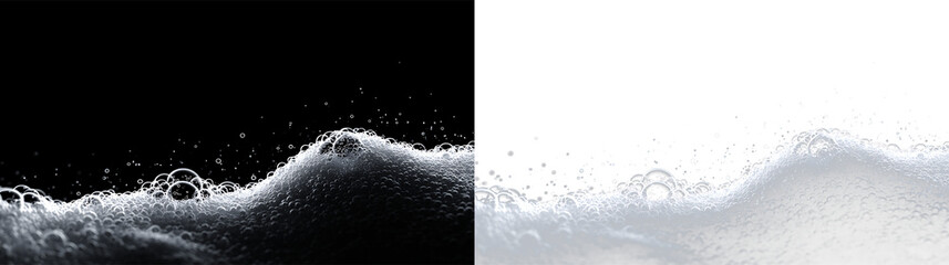 Bubbles form on the surface of clear liquid against a transparent background © Liubov