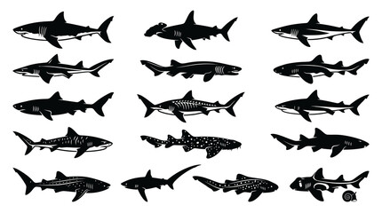 Fototapeta premium Diverse Shark Silhouettes, Vector Illustrations, Marine Life Art Style