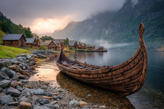 Weathered wooden boat near Gudvangen and Flam, Norway with misty mountains