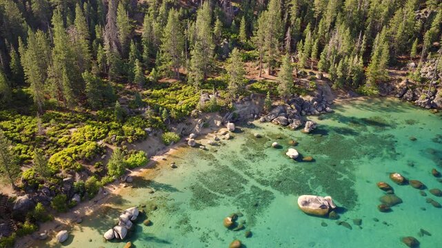 Lake Tahoe Nevada - Aerial POI Around Pristine Beach on East Shore with Sandy Beach and Crystal Clear Tropical Waters