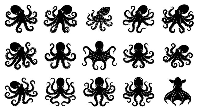 Black Octopus Silhouettes Set - Marine Life Vector Icons for Nautical Themes