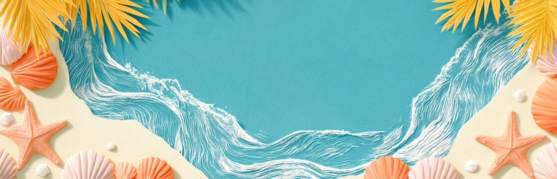 Tropical beach scene with turquoise ocean waves, golden sand, and seashells under palm fronds