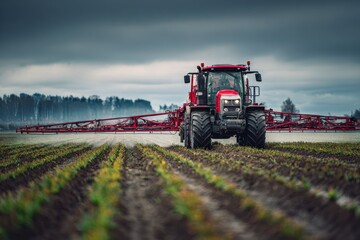 Obraz premium Wide-field view of a spraying vehicle applying fertilizer in spring amid gray clouds