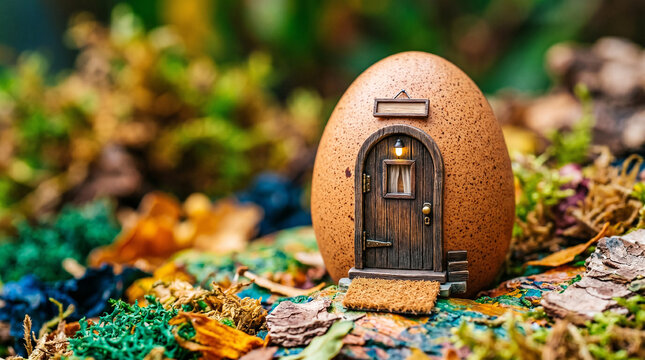 Tiny house inside egg as new beginnings and home concept visual metaphor