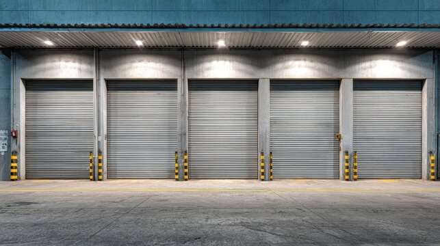 Wide-angle shot of a modern loading dock with steel shutter doors and concrete floor