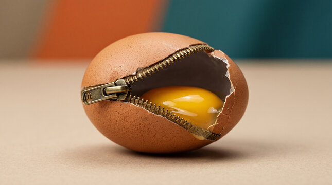 Egg with zipper revealing golden yolk as hidden potential visual metaphor