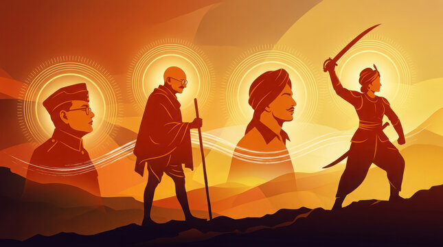 Silhouette of indian freedom fighters against warm orange and yellow background, generated using ai