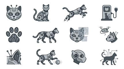 Fototapeta premium Cybernetic cat icons and robotic feline components.