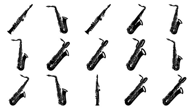 Music  Entertainment: Distressed Black  White Saxophones and Woodwind Instruments Grunge Ink Art Set