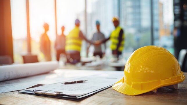 Yellow hard hat on a desk with contract documents signaling a construction project partnership