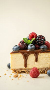 Fresh berry cheesecake slice with chocolate ganache dripping on light background cheesecake chocolate raspberry blueberry blackberry delicious homemade indulgence background culinary