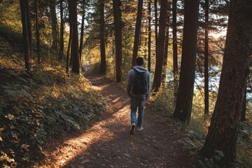 Fototapeta premium Youth on a hillside trail, uphill climb through tall pines and soft light