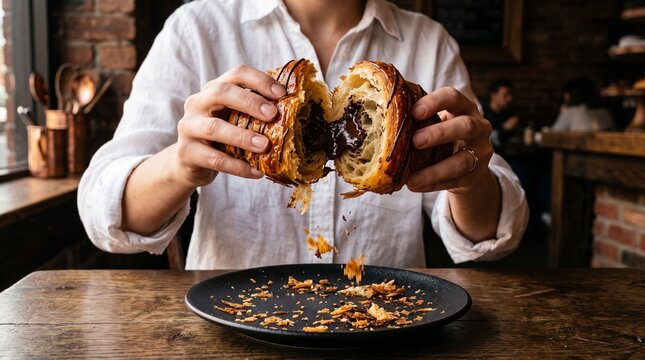 Hands Tearing Open Flaky Chocolate Croissant over Black Plate Action Shot