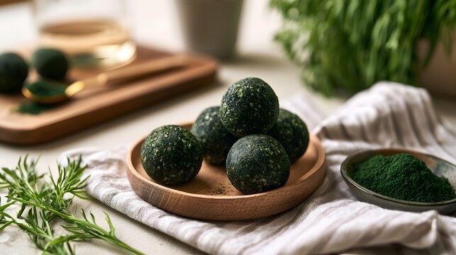 Green spherical snacks made from spirulina powder displayed on wooden plate beside fresh herbs and powdered supplement
