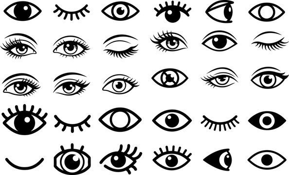 Collection of Various Black and White Eye Icons Featuring Diverse Shapes and Styles Including Open Closed Blinking and Side Views to Illustrate Different Expressions for Graphic Design Projects or Use