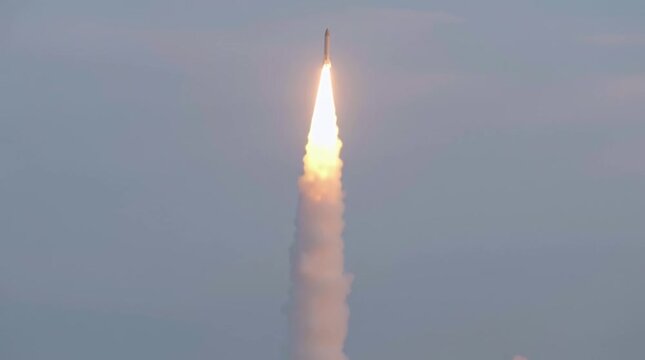 Swift takeoff of a ballistic missile from the launch pad. Vertical liftoff of the intercontinental range missile