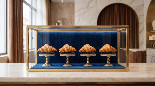 Butter croissants displayed as priceless museum masterpieces in luxury glass showcase