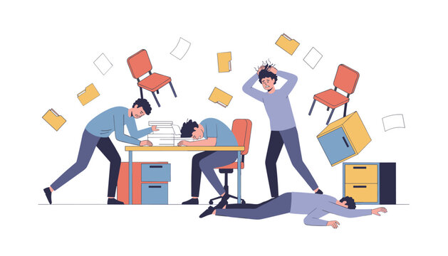 Group of office workers overwhelmed by chaos and flying furniture as they collapse from extreme work burnout and exhaustion.